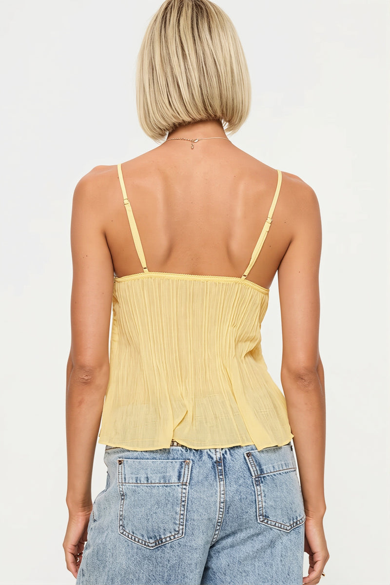 Ruched Sheer Lace Open Back Fitted Cami
