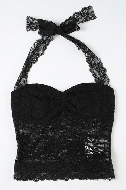 Ruched Tie Lace Sexy Slim Halter Top