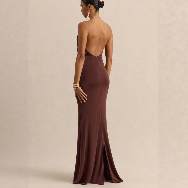 Ruffle Cowl Neck Bodycon Maxi Dress