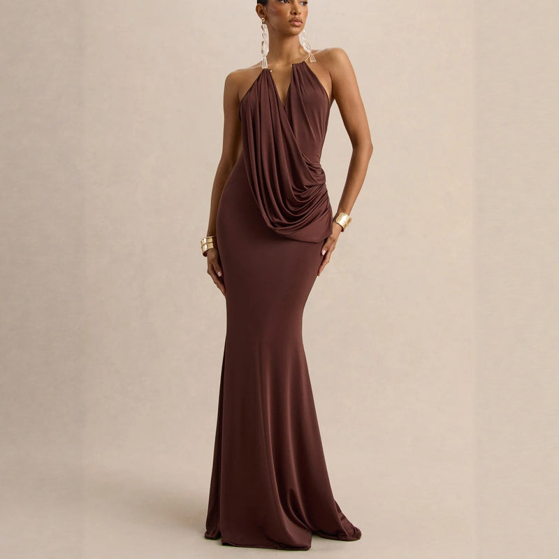 Ruffle Cowl Neck Bodycon Maxi Dress