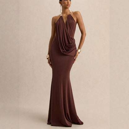 Ruffle Cowl Neck Bodycon Maxi Dress
