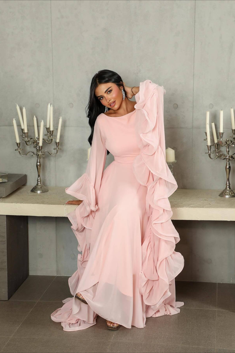 Ruffle Flared Sleeve Tulle Puff Tiered Maxi Dress