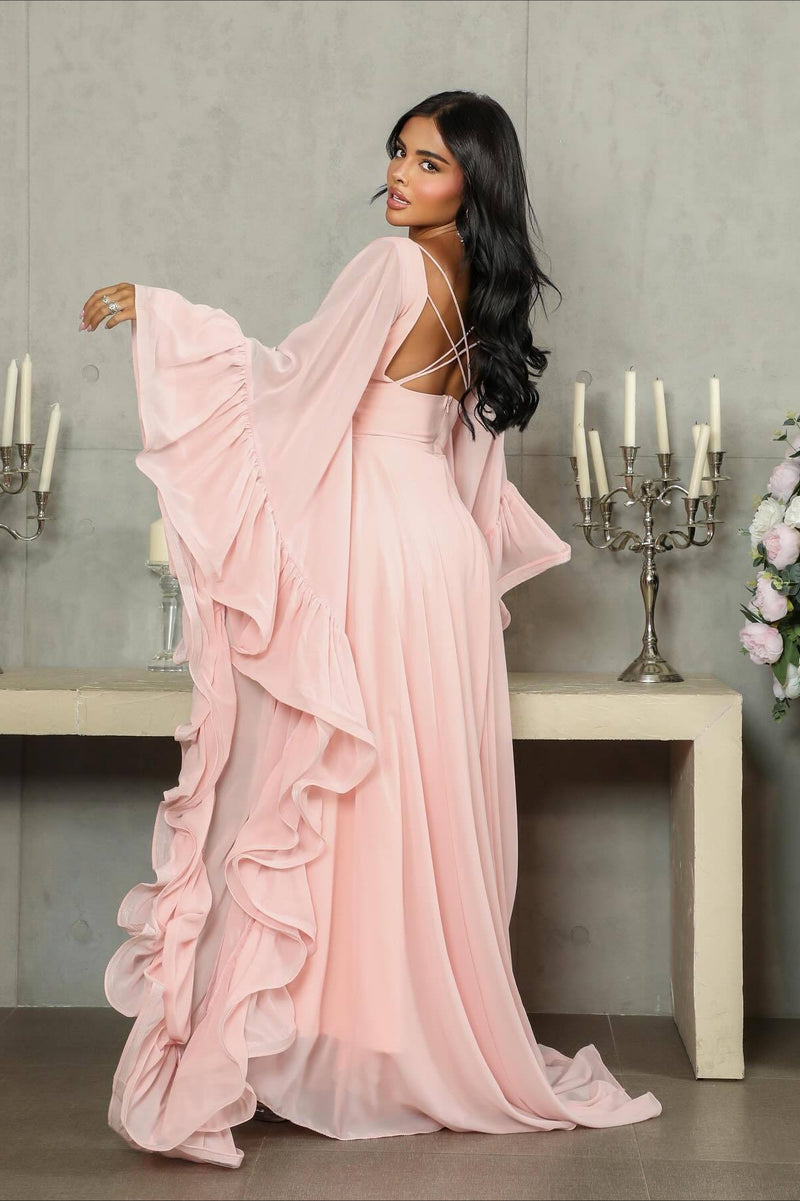 Ruffle Flared Sleeve Tulle Puff Tiered Maxi Dress
