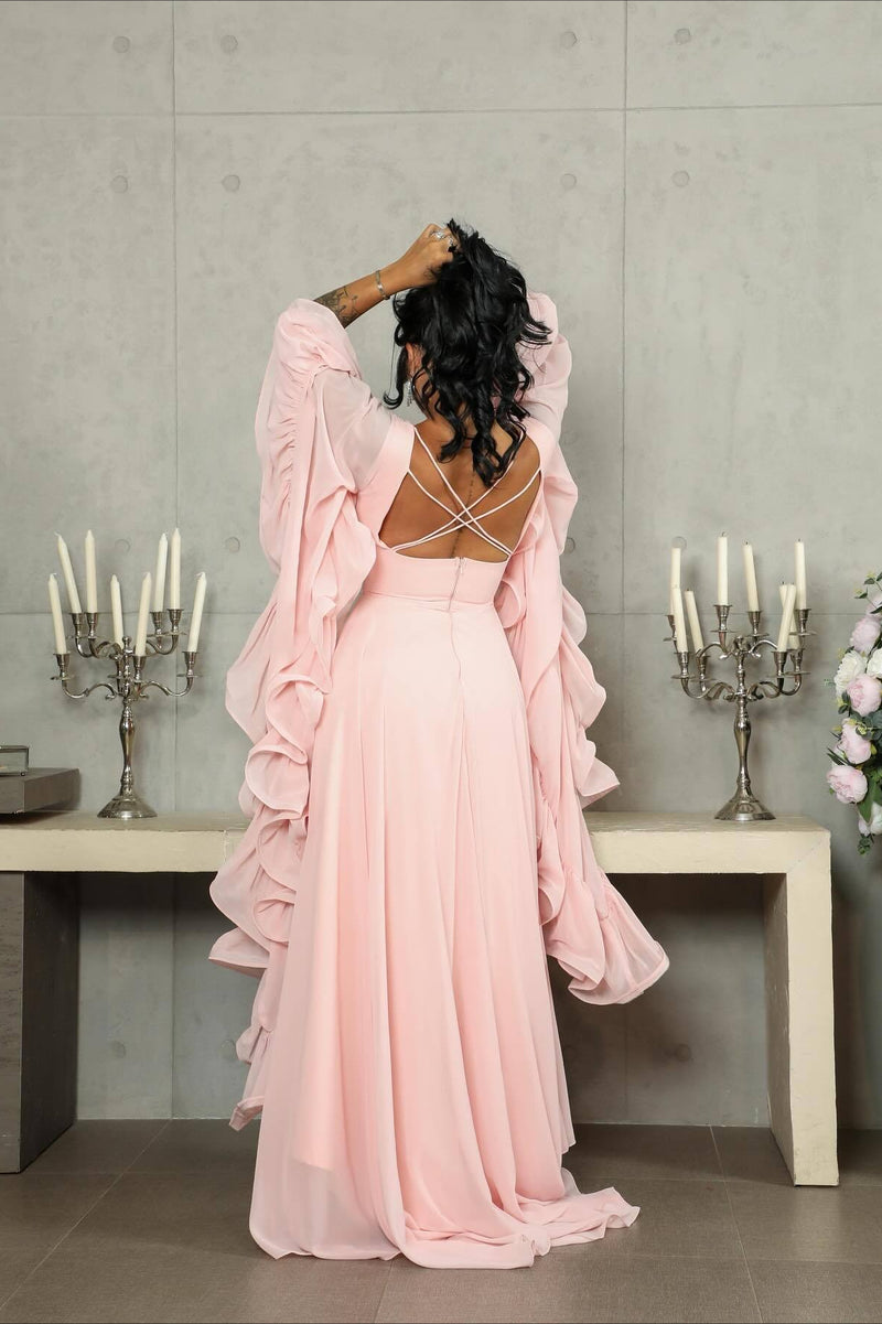 Ruffle Flared Sleeve Tulle Puff Tiered Maxi Dress