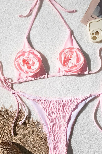 Ruffle Floral Solid Tie Bikini Set