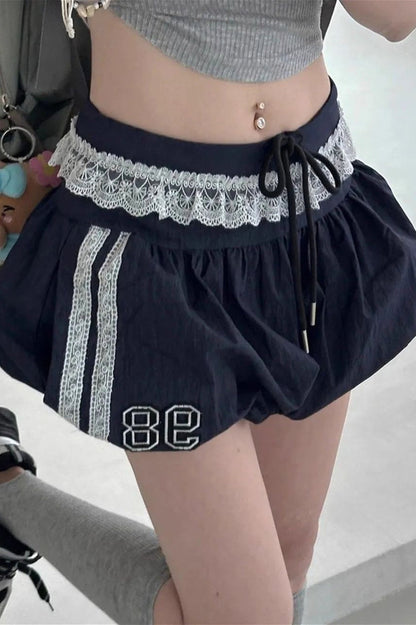 Ruffle Lace Stripe Drawstring Shorts