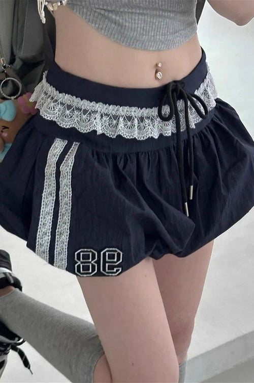 Ruffle Lace Stripe Drawstring Shorts