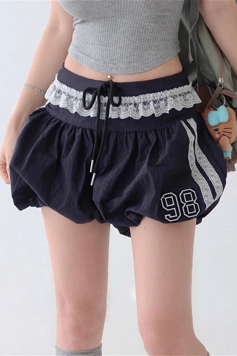 Ruffle Lace Stripe Drawstring Shorts