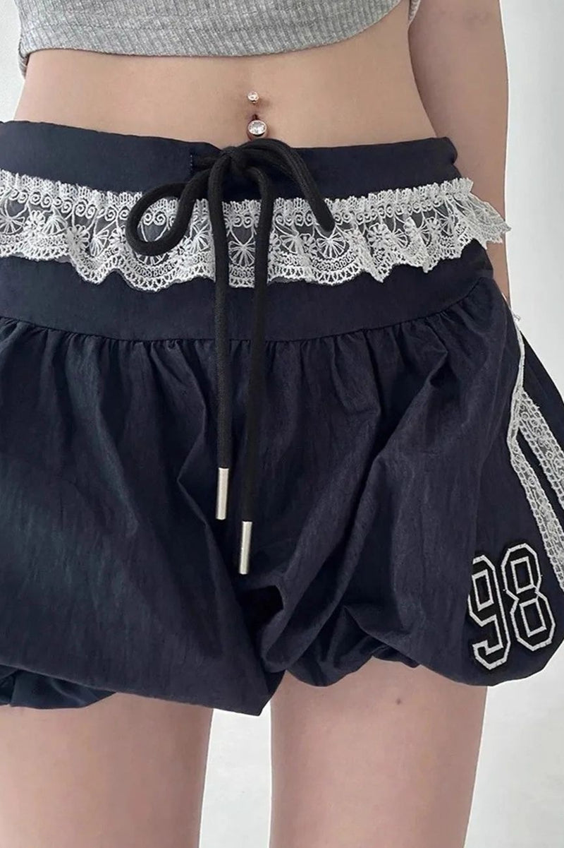 Ruffle Lace Stripe Drawstring Shorts