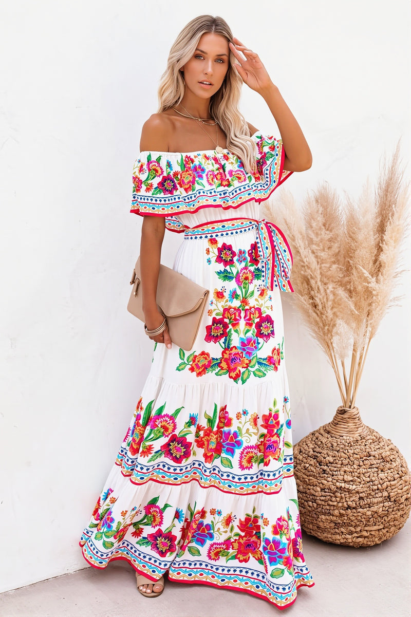 Ruffle Off Shoulder Bright Long Boho Dress
