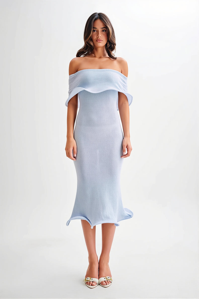 Ruffle Off Shoulder Knit Midi Dress