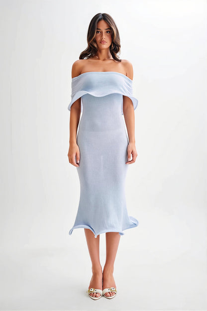 Ruffle Off Shoulder Knit Midi Dress