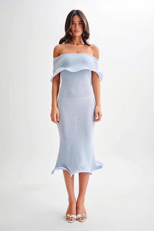 Ruffle Off Shoulder Knit Midi Dress