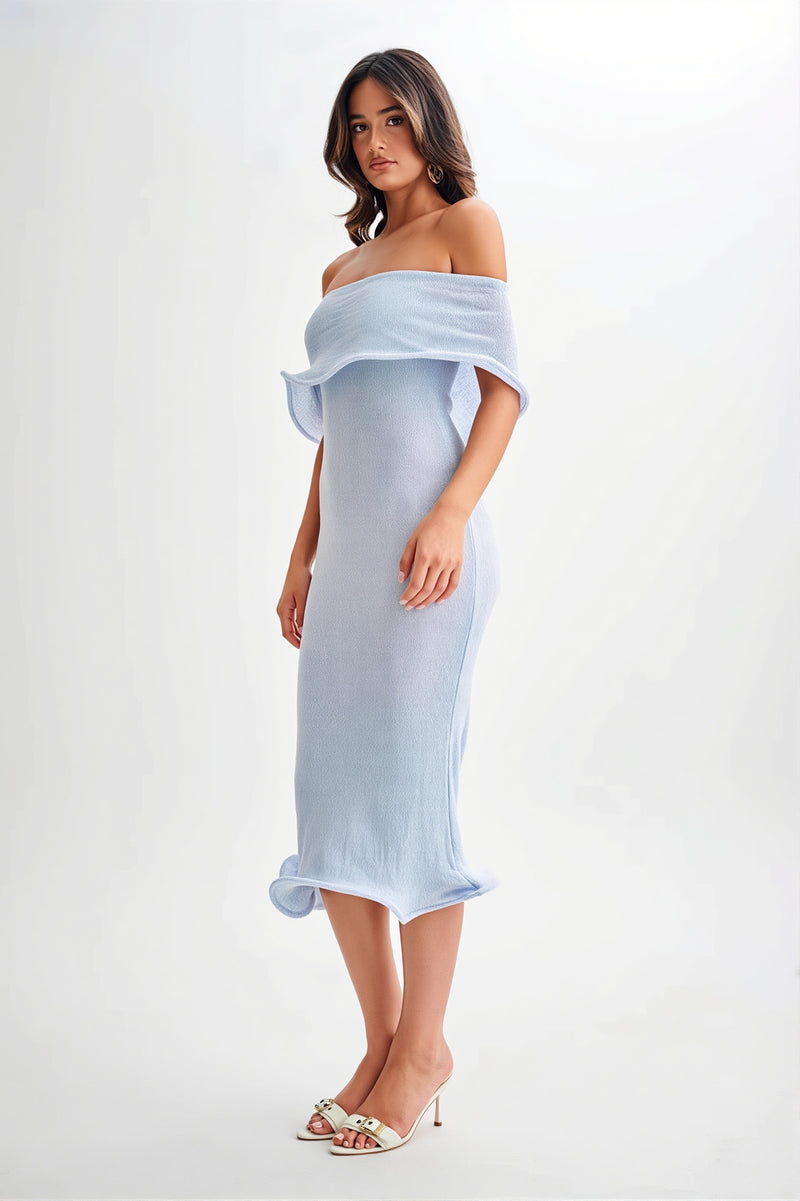 Ruffle Off Shoulder Knit Midi Dress