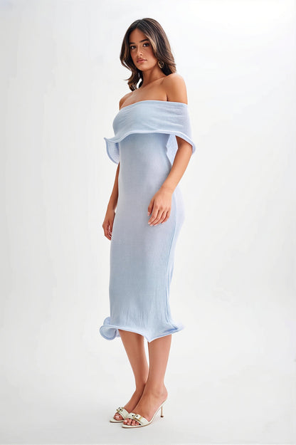 Ruffle Off Shoulder Knit Midi Dress