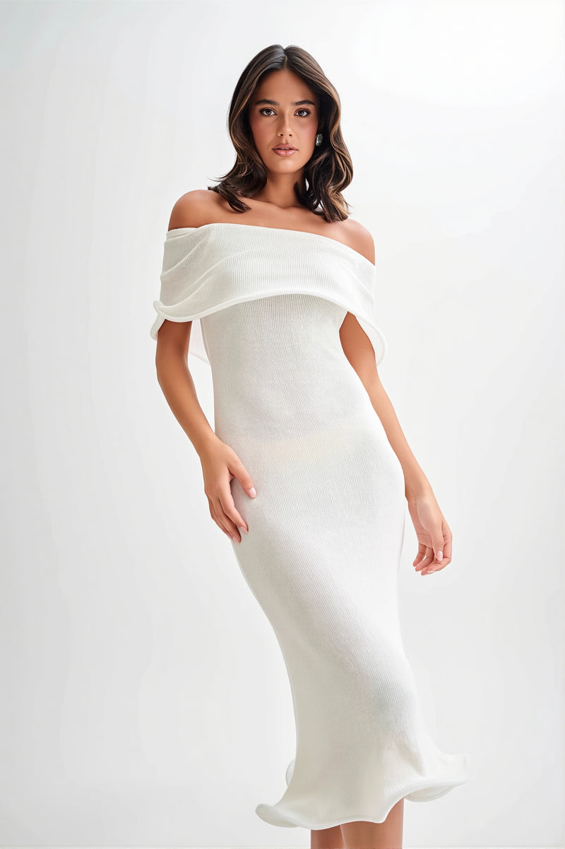 Ruffle Off Shoulder Knit Midi Dress