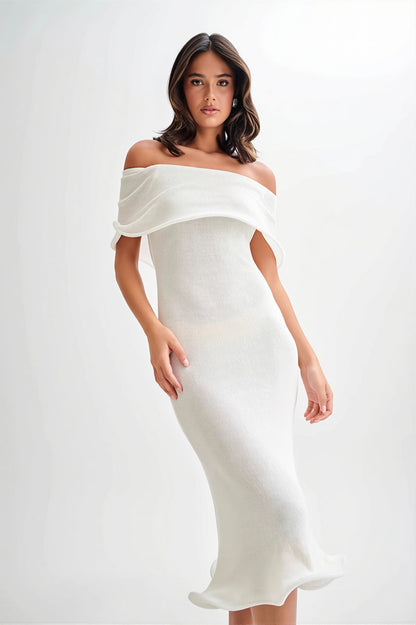 Ruffle Off Shoulder Knit Midi Dress
