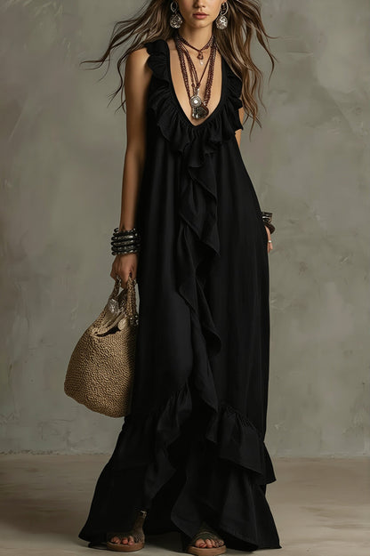 Ruffle Sleeveless Casual Long Boho Dress