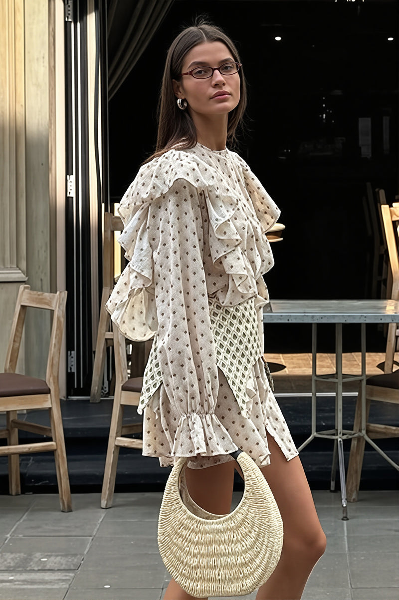 Ruffled Flare Sleeve Printed Mini Dress