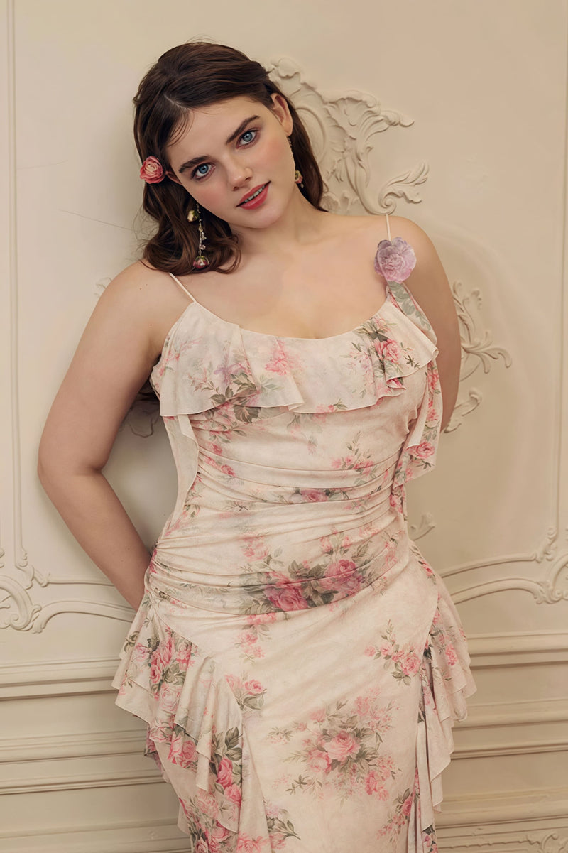 Ruffled Floral Asymmetrical Cami Maxi Dress