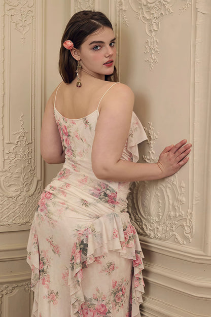 Ruffled Floral Asymmetrical Cami Maxi Dress