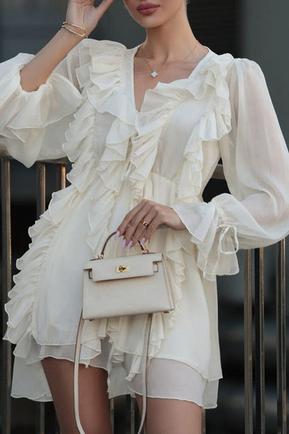 Ruffled Tie V Neck Long Sleeve A Line Mini Dress