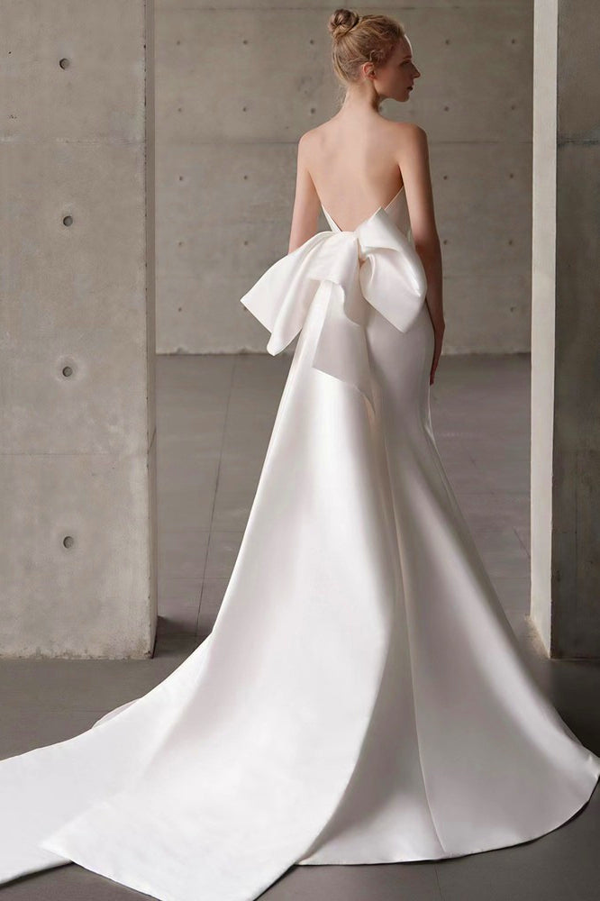 Satin Bandeau Train Bow Wedding Dress