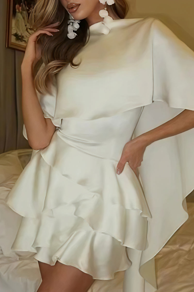 Satin Cape Ruffle Hem Mini Dress