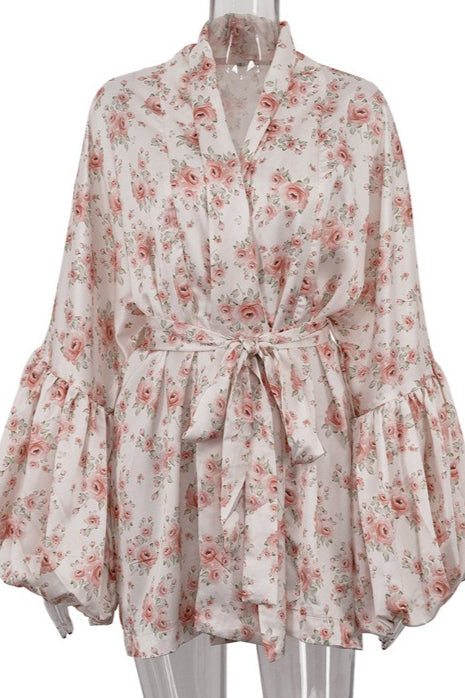 Satin Floral Print Puff Tie A Line Mini Dress