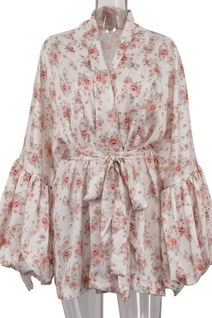 Satin Floral Print Puff Tie A Line Mini Dress