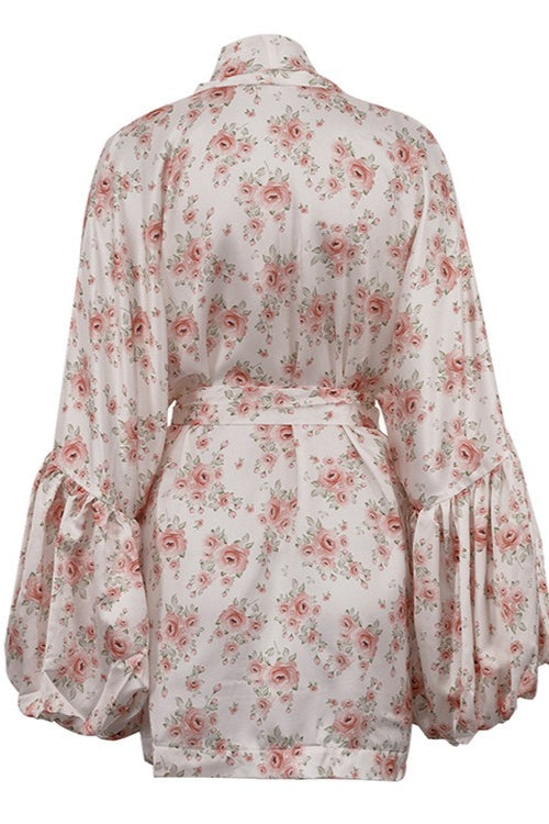 Satin Floral Print Puff Tie A Line Mini Dress