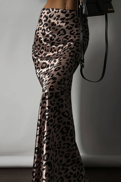 Satin Leopard Mermaid Maxi Skirt