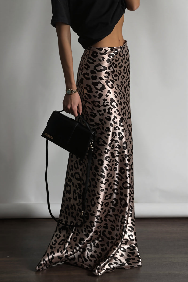 Satin Leopard Mermaid Maxi Skirt