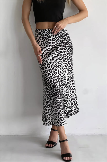 Satin Leopard Printed Elastic Waist Maxi Skirt