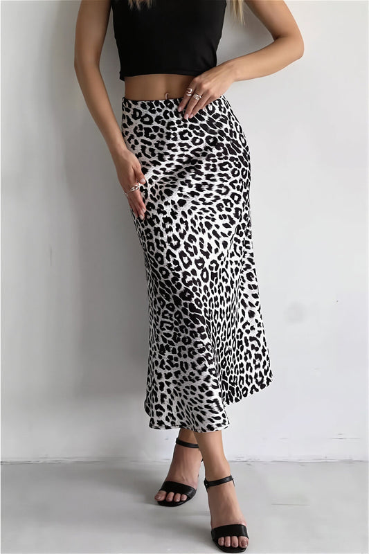 Satin Leopard Printed Elastic Waist Maxi Skirt