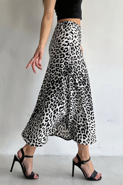 Satin Leopard Printed Elastic Waist Maxi Skirt