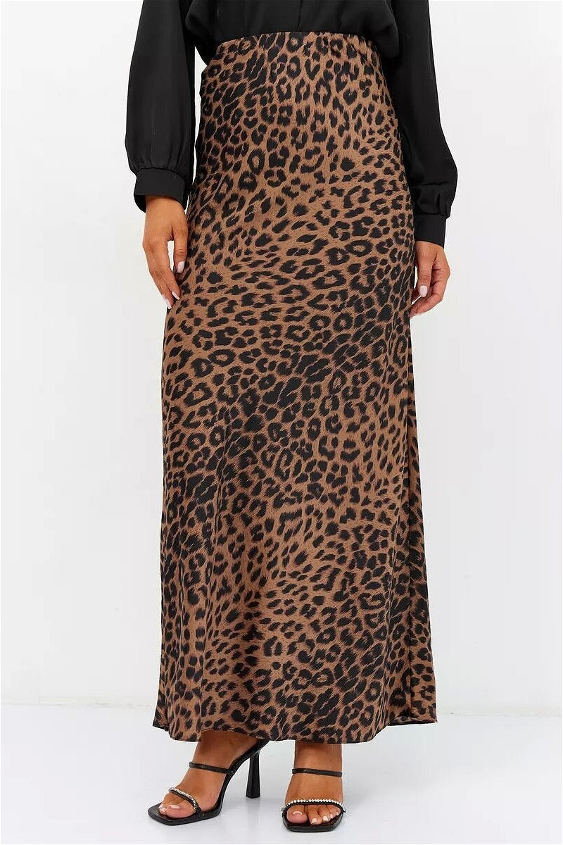 Satin Leopard Printed Elastic Waist Maxi Skirt