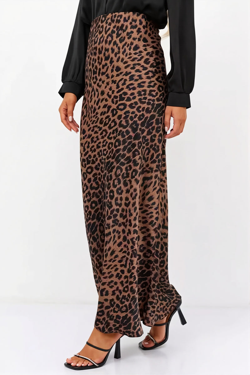 Satin Leopard Printed Elastic Waist Maxi Skirt