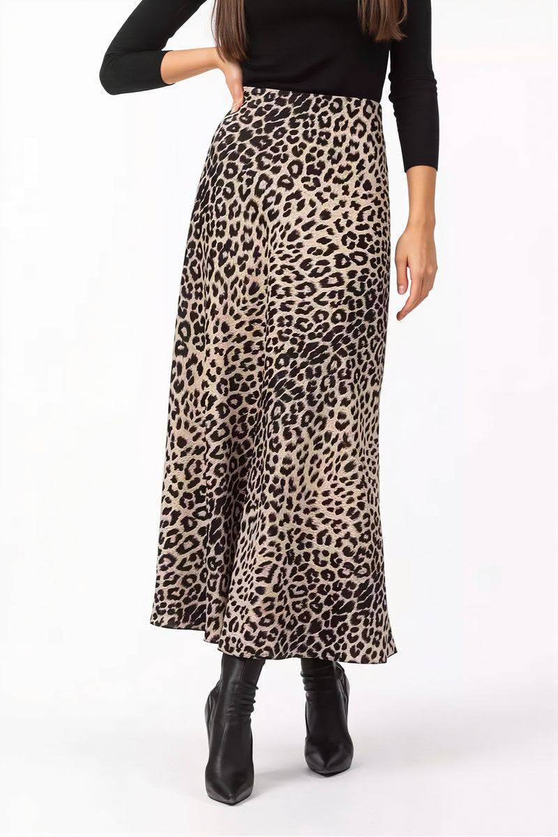 Satin Leopard Printed Elastic Waist Maxi Skirt