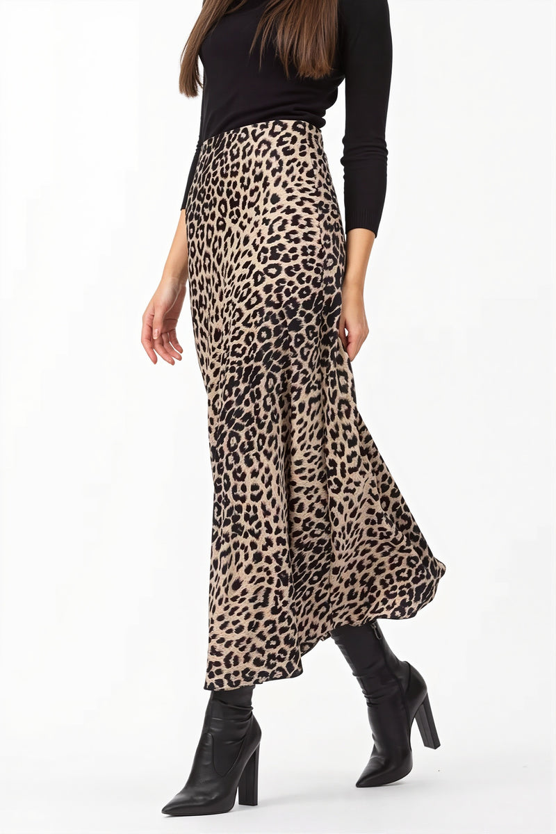 Satin Leopard Printed Elastic Waist Maxi Skirt