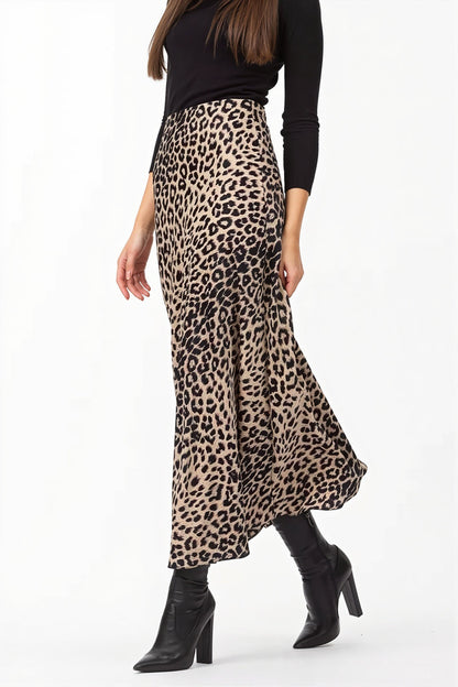 Satin Leopard Printed Elastic Waist Maxi Skirt
