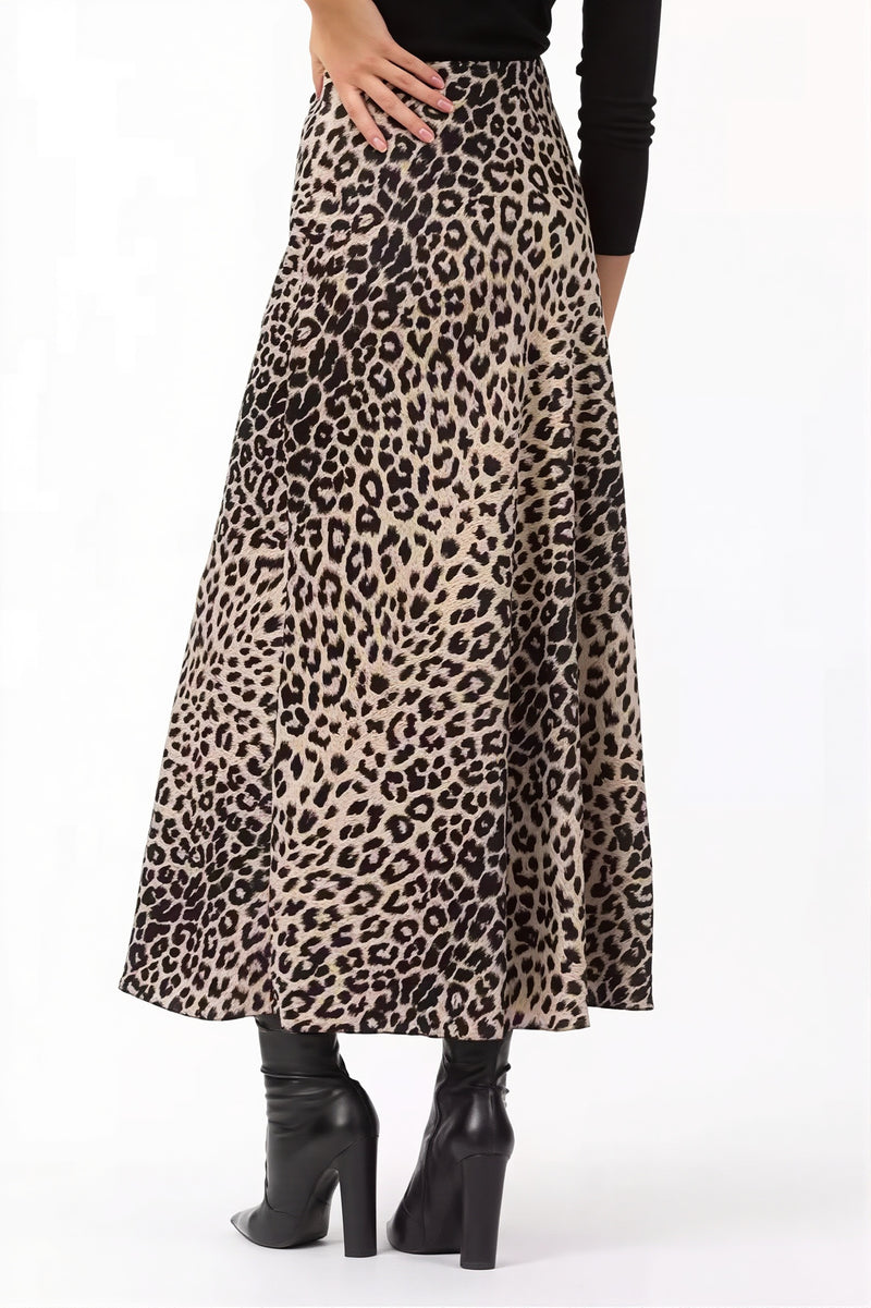 Satin Leopard Printed Elastic Waist Maxi Skirt