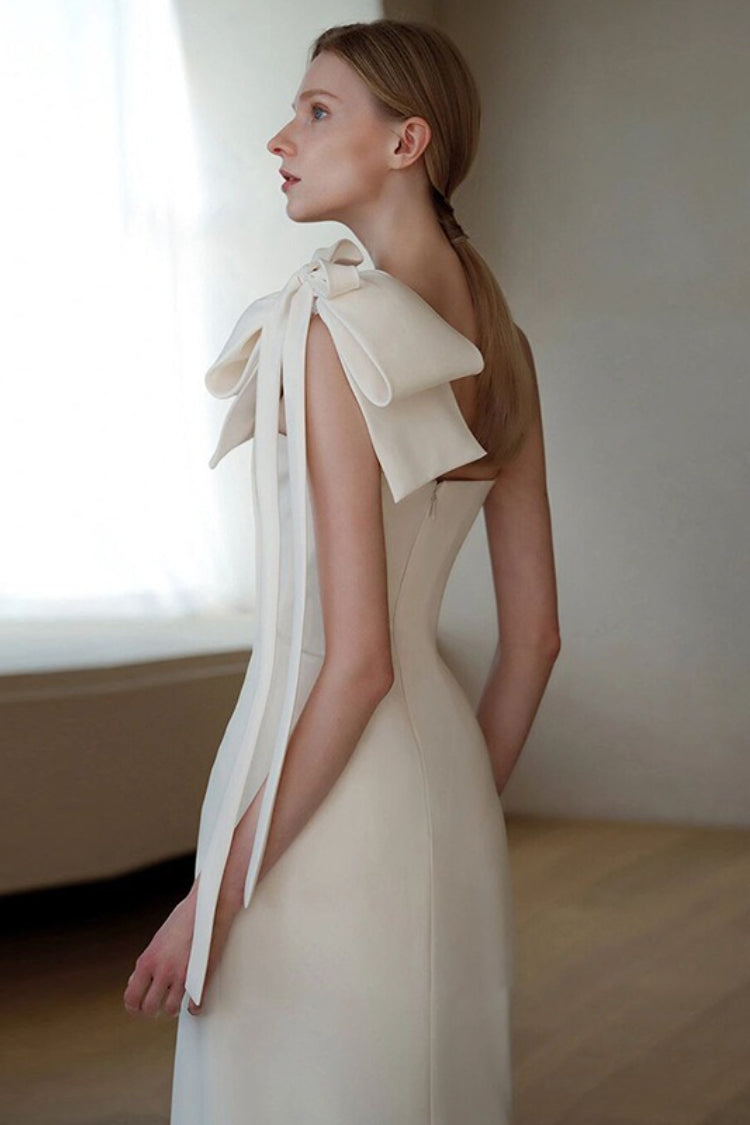 Satin Minimalist Bow High Slit Reception Dress