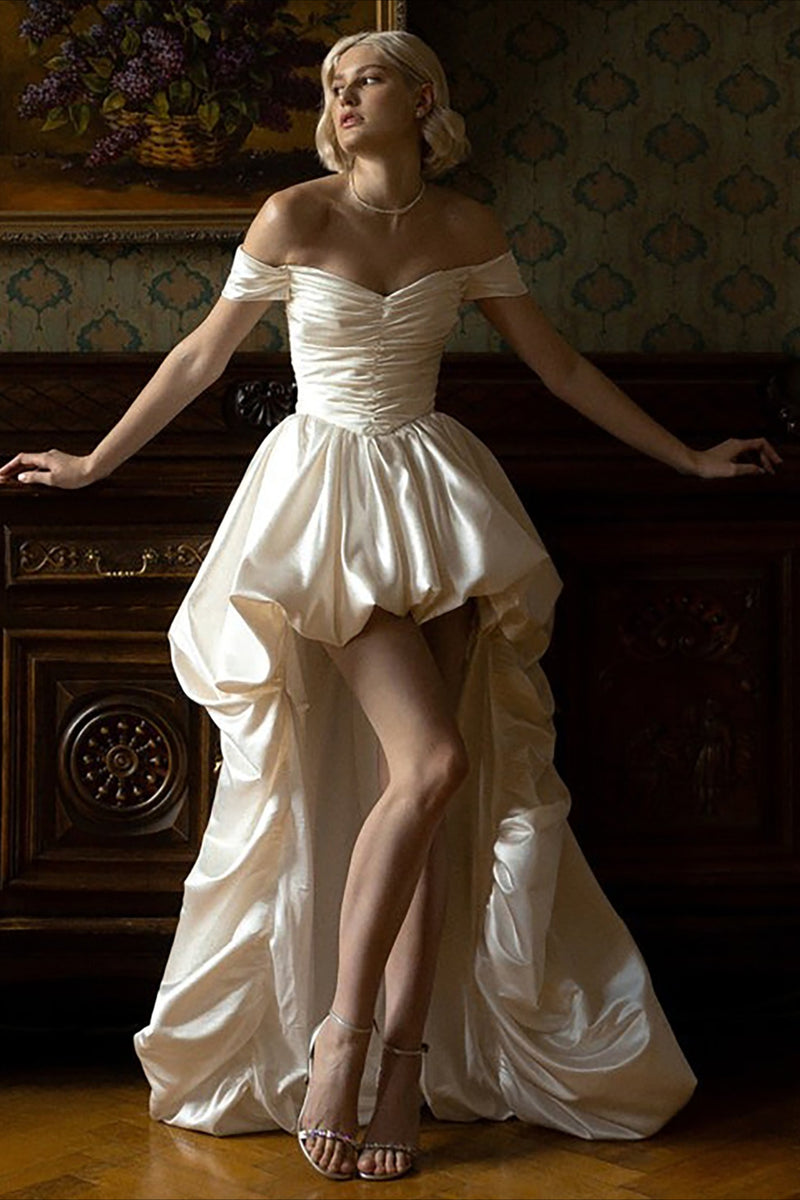 Satin Off Shoulder High Low Reception Dress