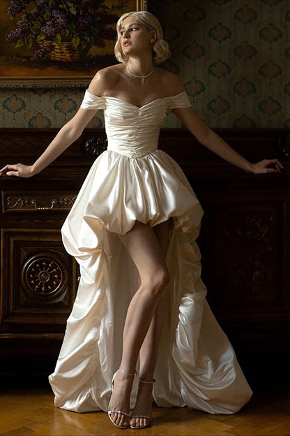 Satin Off Shoulder High Low Reception Dress