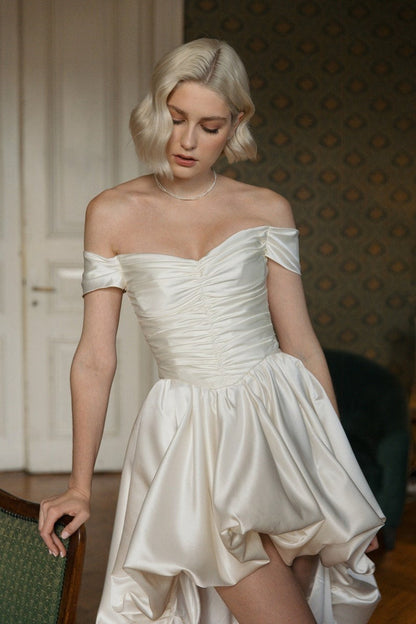 Satin Off Shoulder High Low Reception Dress