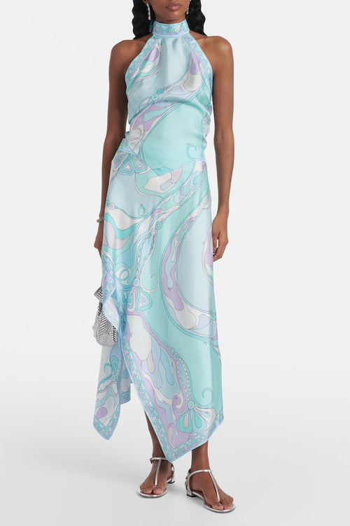 Satin Printed Halter Backless Skirt Set