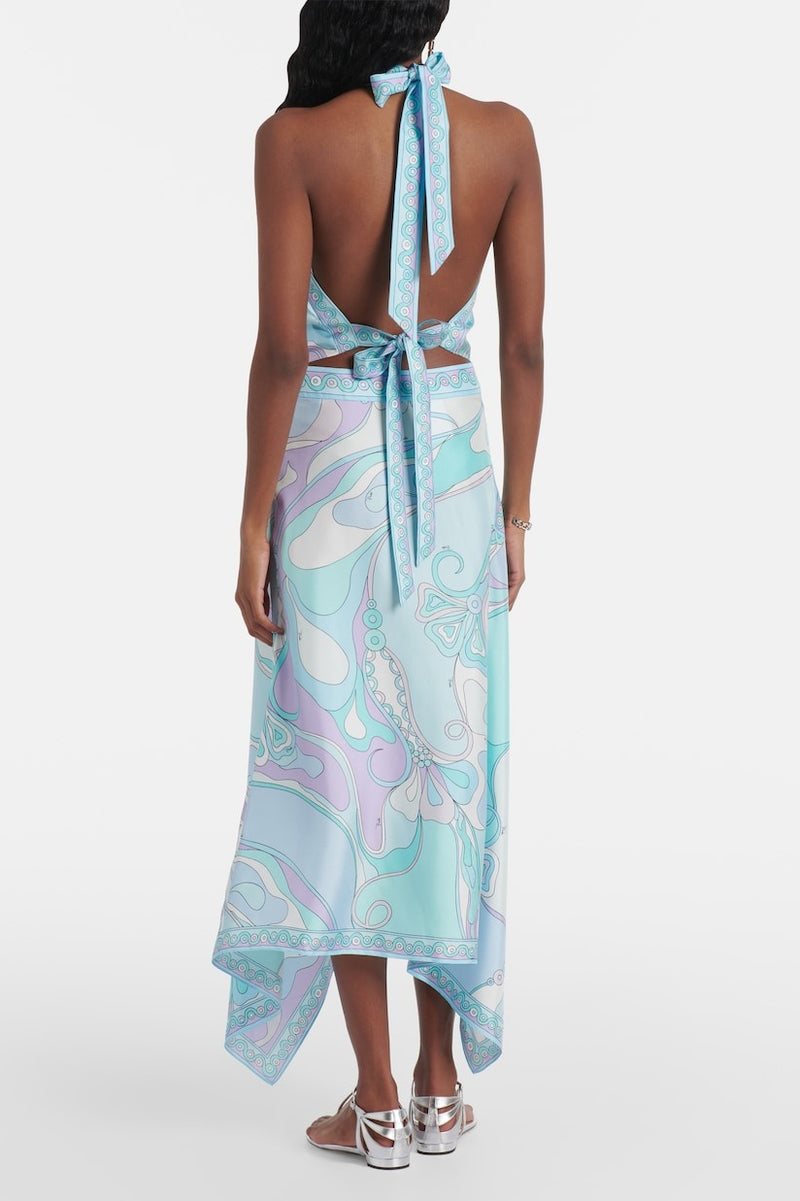Satin Printed Halter Backless Skirt Set