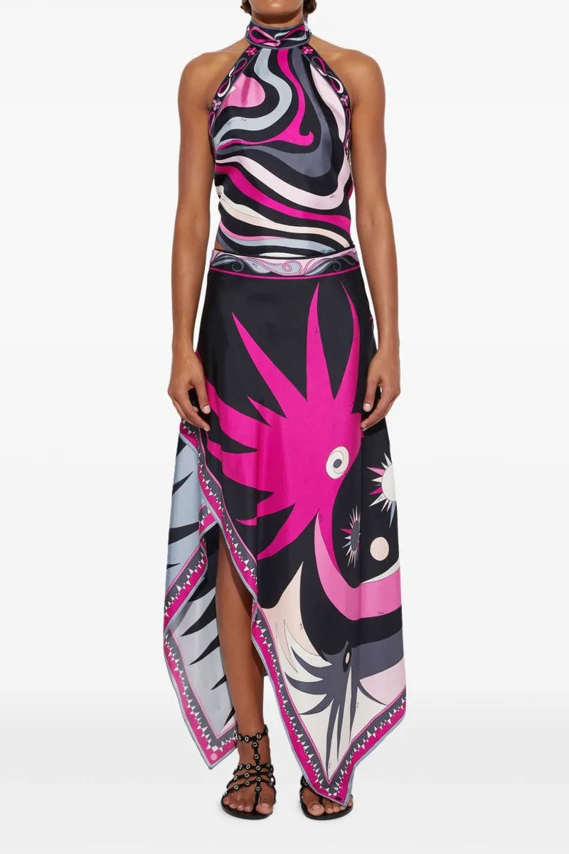 Satin Printed Halter Backless Skirt Set