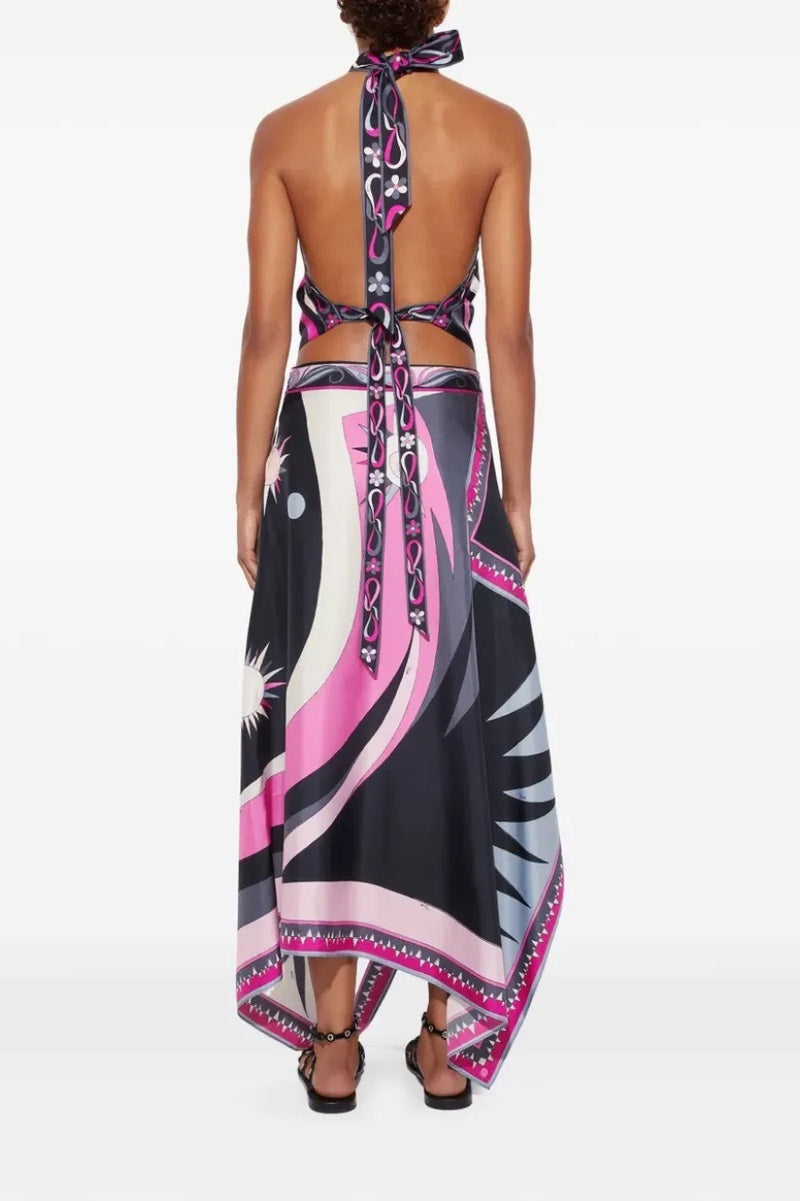 Satin Printed Halter Backless Skirt Set
